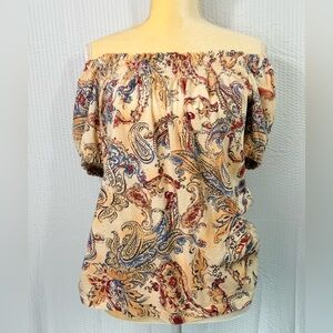 Women’s Chaps Y2K Off The Shoulders Boho Bohemian Beige Pull Over Top Size Med